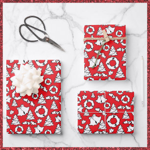 Cute Red White Black Christmas Trees Wreaths Bells Wrapping Paper Sheet
