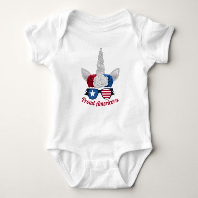 Cute Red White Blue Glitter Unicorn Baby Bodysuit (Front)