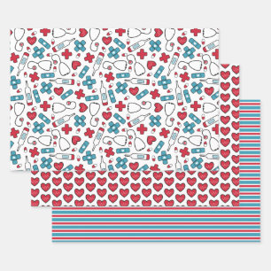 Cute Red White Blue Nurse Doctor Medical Patterns Wrapping Paper Sheet