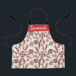 Cute Red & White Candy Cane Candies Pattern Apron<br><div class="desc">Cute Christmas candy pattern with white and red swirl candies and faux glitter with customisable name.</div>