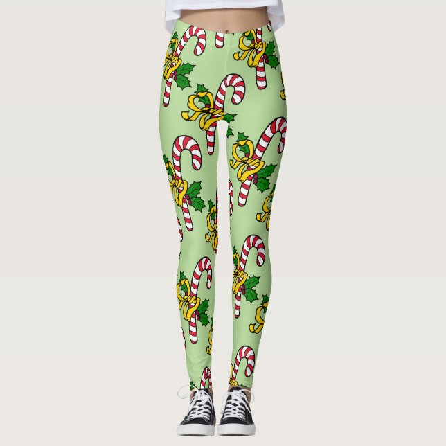 Cute Red White Candy Canes Light Green Christmas Leggings (Front)