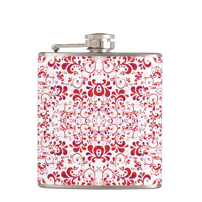 Cute red white floral pattern hip flask (Front)