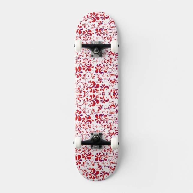 Cute red white floral pattern skateboard (Front)