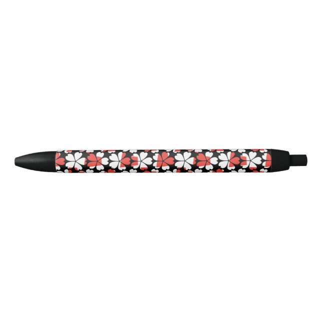 Cute red white flowers patterns black ink pen (Front)