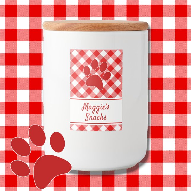 Cute Red White Gingham Chequered Pattern Paw Name Food Label (Creator Uploaded)