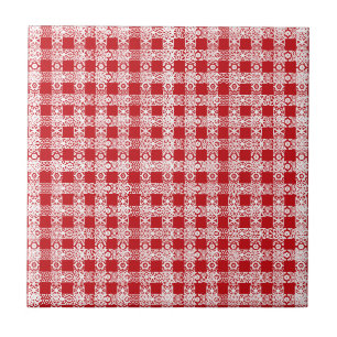 Cute red white lace plaid vintage farmhouse tile