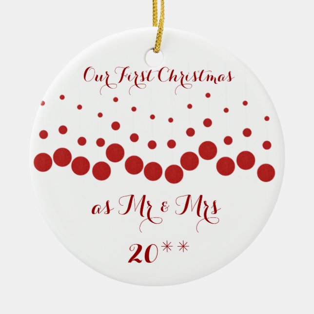 Cute Red & White Our First Christmas Ornament (Front)