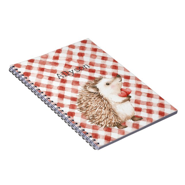 Cute Red White Plaid Stripes Hedgehogs Notebook (Right Side)