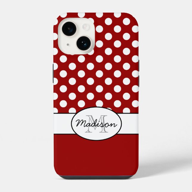 Cute Red White polka dots retro pattern Monogram iPhone Case (Back)