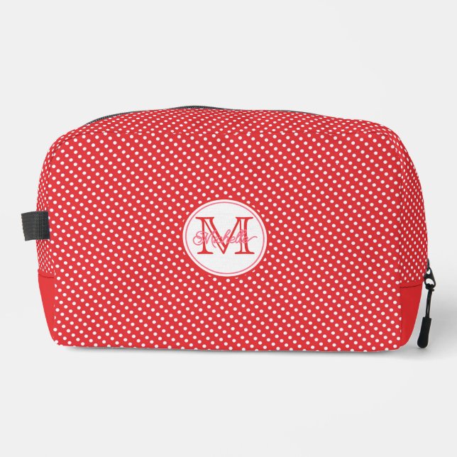 Cute Red & White Polkadot Pattern Monogrammed Dopp Kit (Front)