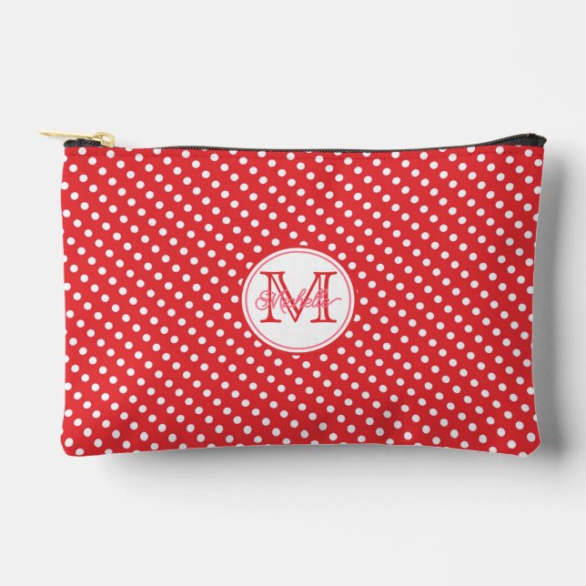 Cute Red & White Polkadots Monogrammed  Accessory Pouch (Front)
