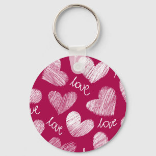 Cute Red White Scribbled Hearts with Love Script Key Ring