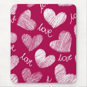Cute Red White Scribbled Hearts with Love Script Mouse Pad