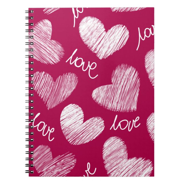 Cute Red White Scribbled Hearts with Love Script Notebook (Front)