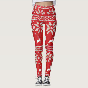 Cute Red White Snow Flake Deer  Pattern Festive Leggings