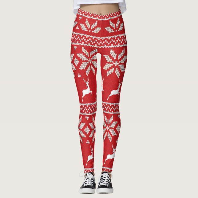 Cute Red White Snow Flake Deer  Pattern Festive Leggings (Front)