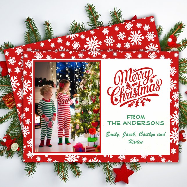 Cute Red & White Snowflakes Merry Christmas Photo Holiday Card (Cute Red & White Snowflakes Merry Christmas Photo Holiday Card)