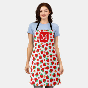 Cute Red & White Summer Strawberries Monogram Apron