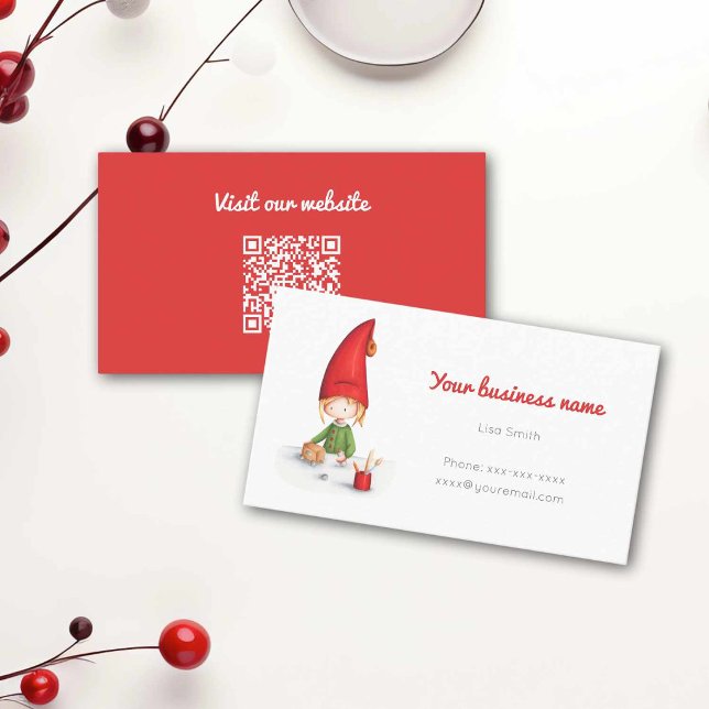 Cute Red Winter Elf QR Code Business Card (Creator Uploaded)