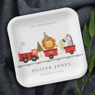 Cute Red Woodland Animal Train Any Age Birthday Paper Plate