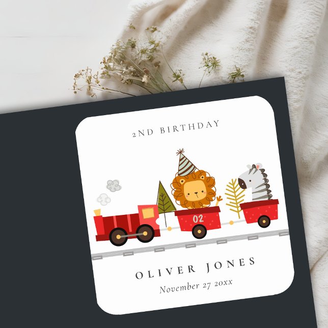 Cute Red Woodland Animal Train Any Age Birthday Square Sticker (Creator Uploaded)