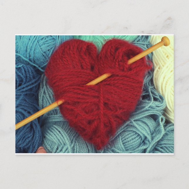 Cute red wool heart with knitting needle postcard (Front)