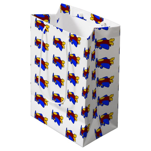 Cute Red Yellow Blue Aeroplane Cartoon for Kids Medium Gift Bag (Front Angled)