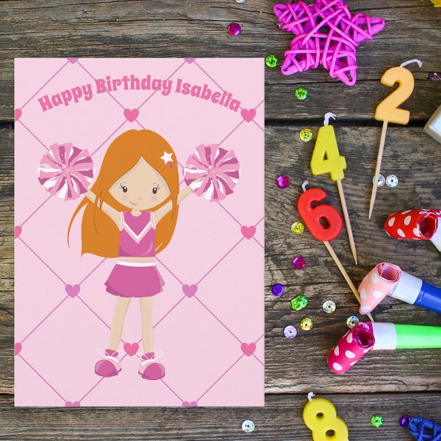 Cute Redhead Cheerleader Pink Custom Birthday Card (Creator Uploaded)