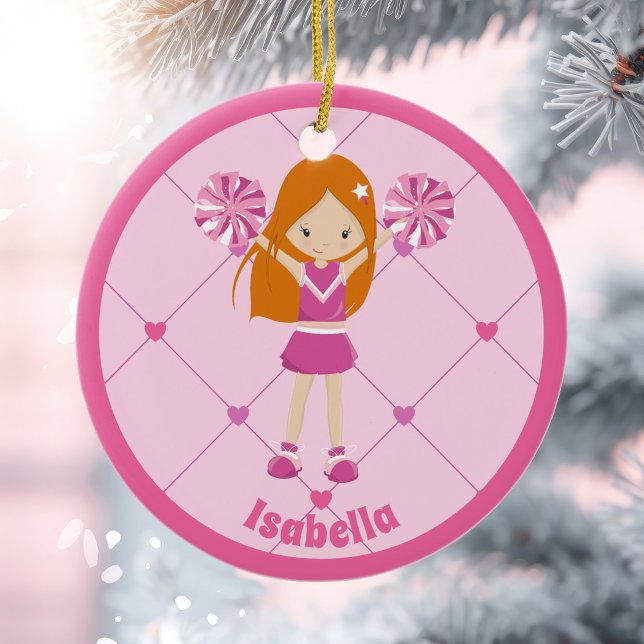 Cute Redhead Cheerleader Pink Custom Christmas Ceramic Tree Decoration (Creator Uploaded)