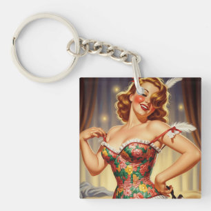 Cute Redhead pin-up girl with dog Key Ring