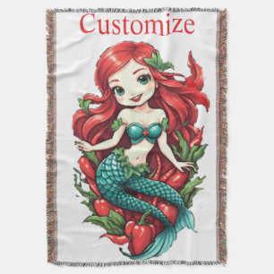 Cute Redheaded Two-tail Mermaid Thunder_Cove Throw Blanket