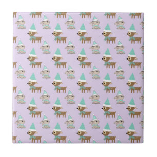 Cute Reindeer and Bunnies Holiday Art Pattern Tile