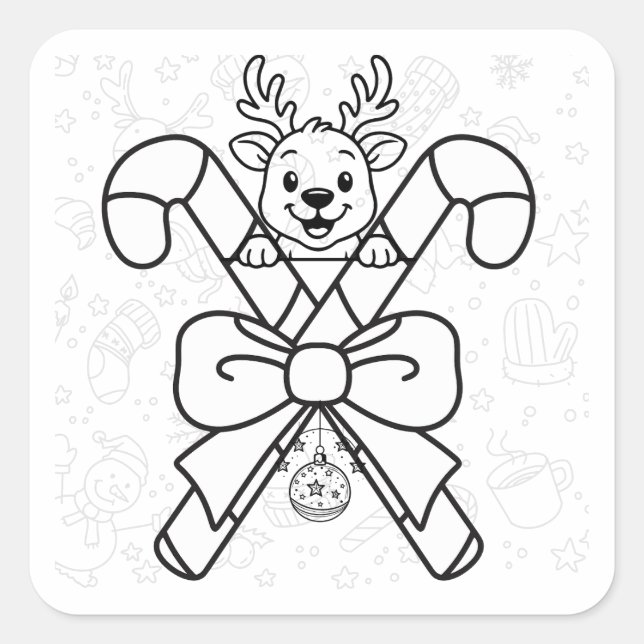 Cute Reindeer and Candy Canes Holiday Design Square Sticker (Front)