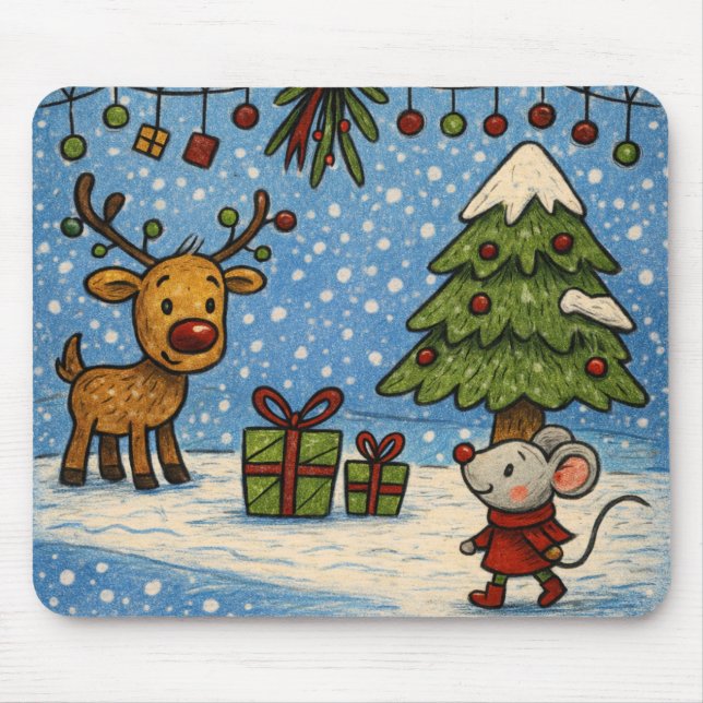 Cute Reindeer and Mouse Christmas Mousepad (Front)