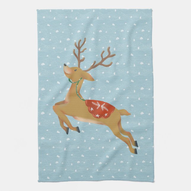 Cute Reindeer and Snowfall Tea Towel (Vertical)
