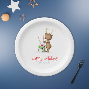Cute Reindeer and Snowman Christmas Holiday Family Paper Plate