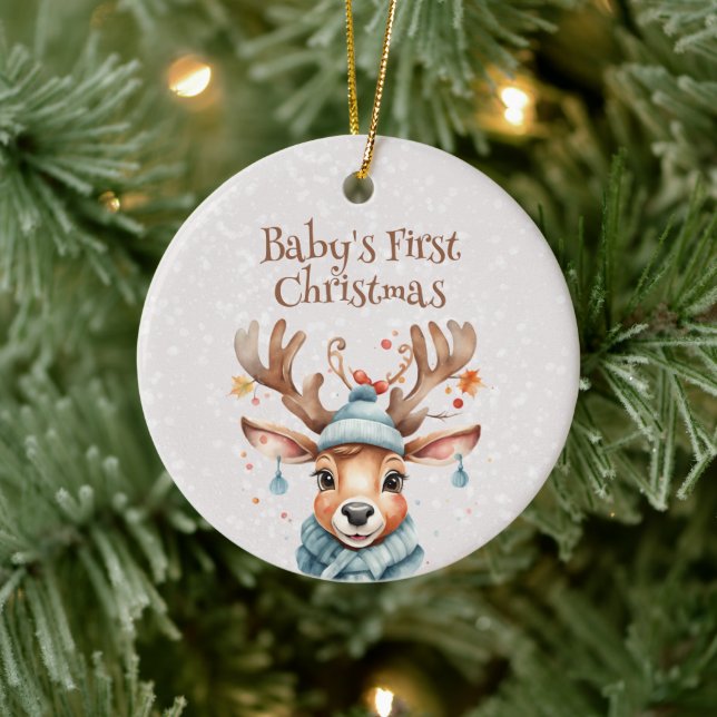 Cute Reindeer Baby's First Christmas Photo Ceramic Tree Decoration (Tree)
