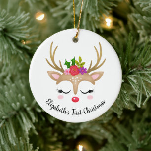 Cute Reindeer Babys First Christmas Photo Ceramic Tree Decoration