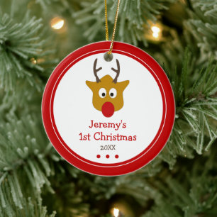 Cute Reindeer Baby's First Christmas Photo Ceramic Tree Decoration