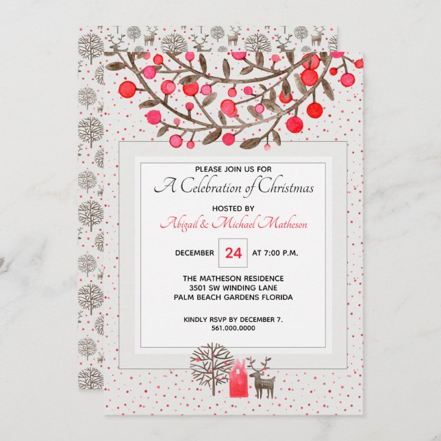 Cute Reindeer & Berries Pearl Grey / Custom Colour Invitation (Front/Back)
