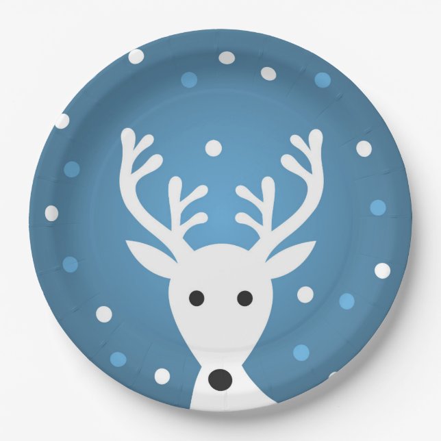 Cute reindeer blue winter Christmas Paper Plate (Front)