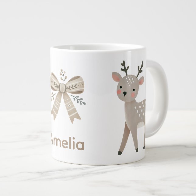 Cute Reindeer & Bow Drawing Christmas Name Large Coffee Mug (Front Right)