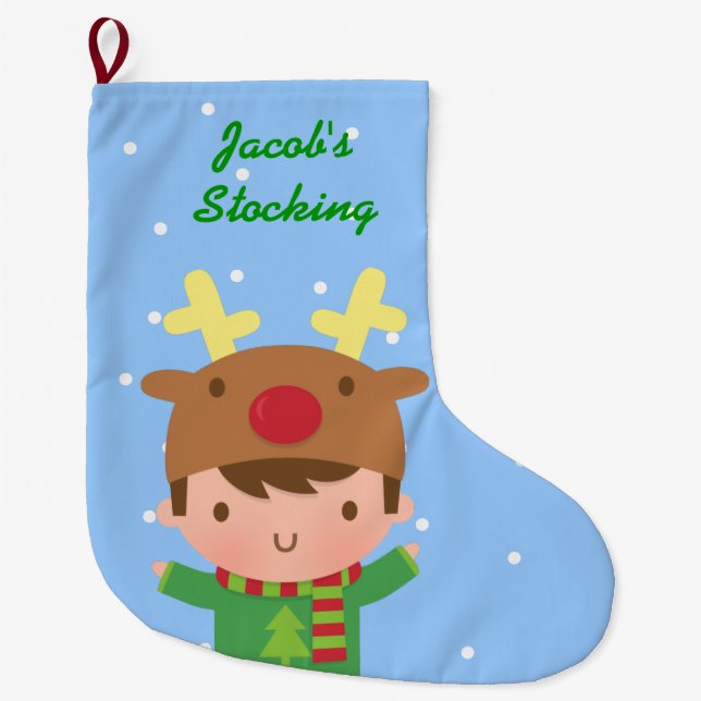 Cute Reindeer Boy Christmas For Kids Large Christmas Stocking (Front)