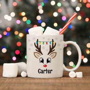 Cute Reindeer Boy Christmas Lights Custom Name Coffee Mug