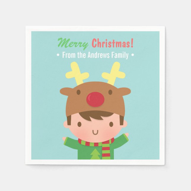 Cute Reindeer Boy Christmas Party Supplies Napkin (Front)