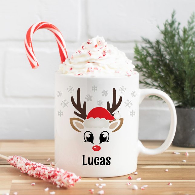 Cute Reindeer Boy Santa Hat Custom Name Christmas Coffee Mug (Creator Uploaded)
