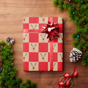 Cute Reindeer Brown and Red Pattern Wrapping Paper