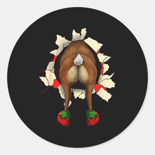 Cute Reindeer Butt Breakthrough Christmas  Classic Round Sticker (Front)