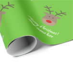 Cute reindeer cartoon Christmas Holiday gift Wrapping Paper<br><div class="desc">Cute Rudolph the red nose reindeer cartoon Christmas Holiday gift wrapping paper rolls. Funny pattern wrappingpaper with beautiful handlettered typography template. Customisable green background colour. Pretty giftwrap for kids and adults. Personalise with custom name and xmas greeting. Available in matte and shiny gloss finish.</div>