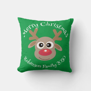 Cute Reindeer Cartoon Green Christmas Cushion